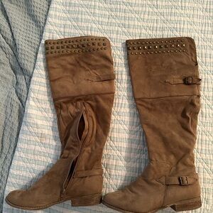 Brown Slouchy Over the Knee Boots with Strap Detail
